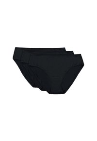 Czarne bawe�łniane majtki, zestaw trzech sztuk. Charakteryzują się miękkim materiałem, bezszwowymi konstrukcjami oraz elastycznym pasem. Gładka struktura bez widocznych śladów.