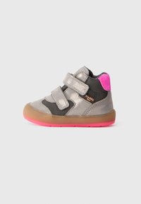 Grey and black toddler shoe with Velcro straps, metallic accents, pink heel and sole, round toe, and a textured fabric design.