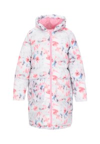 Daunenjacke mit Kapuze, die eine weiße Grundfarbe und ein mehrfarbiges, abstraktes Muster in Pink, Blau und Grau aufweist. Mit zwei Fronttaschen und einem Reißverschluss.