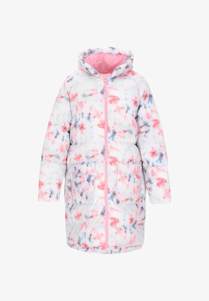 Daunenjacke mit Kapuze, die eine weiße Grundfarbe und ein mehrfarbiges, abstraktes Muster in Pink, Blau und Grau aufweist. Mit zwei Fronttaschen und einem Reißverschluss.