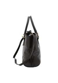 Borsa a tracolla in pelle nera con base arrotondata, manici superiori doppi e tracolla regolabile. Presenta accessori in ottone dorato e cuciture minime.
