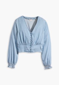 Blusa accorciata blu chiaro in denim con scollatura a V, chiusura con bottoni, maniche lunghe a sbuffo e polsini arricciati.