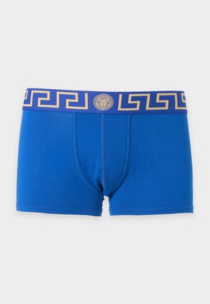 Boxer bleu pour homme avec une ceinture bleue comportant un motif clé grec doré et un logo central tête de Méduse.