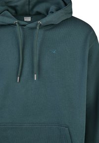 Dunkelblaugrüner Kapuzenpullover aus weichem Stoff. Verfügt über eine Kängurutasche, eine Kapuze mit Zugband und Metallenden sowie ein kleines gesticktes Logo auf der Brust.