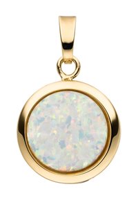 Goldener Anhänger mit einem kreisförmigen Rahmen, der ein schimmerndes Opalzentrum zeigt. Glatte Oberfläche, glänzende Ausführung und ein einfaches Aufhänge-Design.