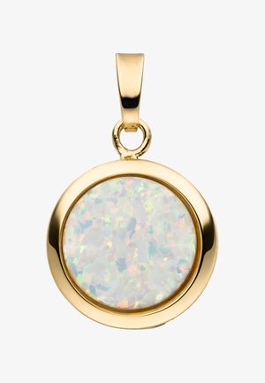 Gold pendant with a circular frame, featuring an iridescent opal center. Smooth surface, shiny finish, and a simple top loop design.