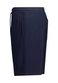 Laivansinisen puuvillashortsit, joissa on nauhavyötärö, sivutaskut ja ommeltuja yksityiskohtia. Shortsit ovat puolipitkät ja niissä on pehmeä rakenne.