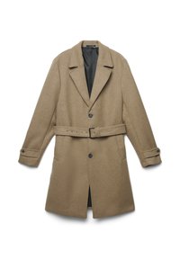 Cappotto di lana marrone con colletto a punta, chiusura con un solo bottone, cinturino in vita e due tasche laterali. Tessuto testurizzato con un interno liscio.