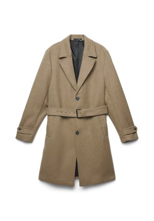 Brauner Wollmantel mit Reverskragen, Ein-Knopf-Verschluss, Gürtel in der Taille und zwei seitlichen Taschen. Texturierter Stoff mit glattem Innenfutter.