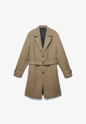 Brauner Wollmantel mit Reverskragen, Ein-Knopf-Verschluss, Gürtel in der Taille und zwei seitlichen Taschen. Texturierter Stoff mit glattem Innenfutter.