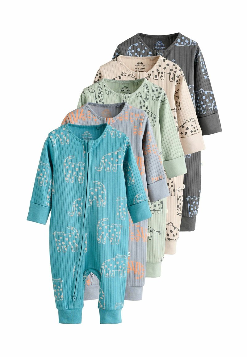 Five children's ribbed onesies in various colors: teal, gray, green, beige, and dark gray, each with playful animal patterns and zip fronts.