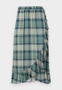 Rutete skjørt i grønn og marineblå, med volangkant og elastisk linning. Stoffet har en glatt tekstur med varierende rutete mønstre.