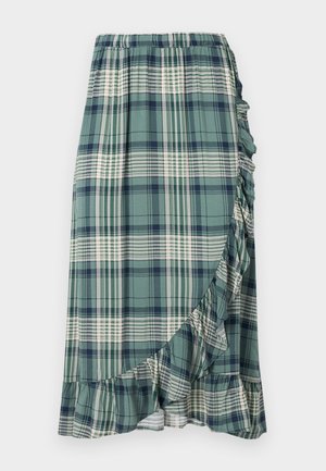 Saia xadrez em verde e azul-marinho, com uma bainha em babados e cintura elástica. O tecido tem uma textura suave com padrões xadrez variados.