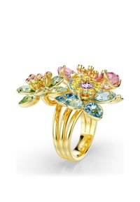 Anillo de oro con tres diseños de flores coloridas que presentan pétalos de piedras preciosas en tonos rosa, verde, azul y amarillo, y detalles intrincados en los estambres.