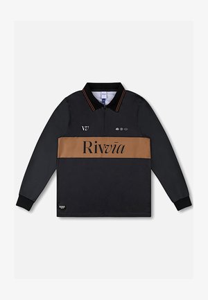 Black long-sleeve pullover with a half zip, featuring a brown horizontal stripe and the text "Rivvia" in bold black, with contrasting collar details.