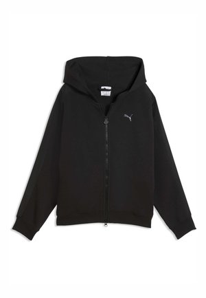 Sweat à capuche noir zippé intégral avec poches avant, manches longues, capuche et petit logo Puma sur la poitrine gauche.