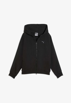 Zwarte full-zip hoodie met voorzakken, lange mouwen, een capuchon en een klein Puma-logo op de linkerborst.