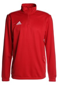 Rød atletisk genser med høy krage, lange ermer, hvite detaljer og et Adidas-logo på venstre bryst. Laget av glatt, lett materiale.