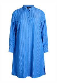 Sukienka koszulowa w niebieskie paski z długim rękawem, z guzikami z przodu, kołnierzykiem w szpic i bocznymi rozcięciami, w rozmiarze dużym.