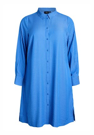 Garšīgas piedurknes zilā svītraina krekla kleita ar pogām priekšpusē, ar norādītu apkakli un sānu šķirbām, izmērs liels.