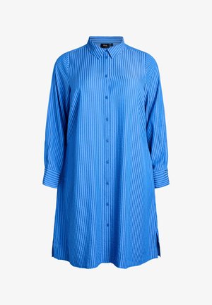 Langærmet blå stribet skjortekjole med knaplukning fortil, spidse kraver og sideslids, størrelse large.