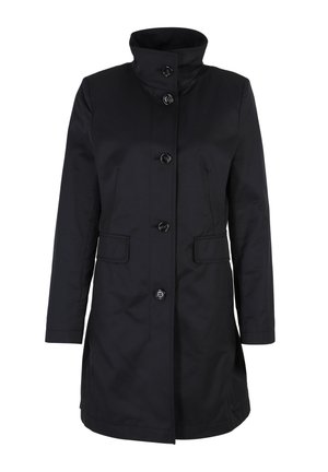 Black, knee-length coat features a high collar, five large buttons, two front pockets, and a smooth, matte finish.