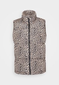 Beige Weste ohne Ärmel mit schwarzem Leopardenmuster. Verfügt über einen hohen Kragen und einen zentralen Reißverschluss. Glatte Textur mit gestepptem Design.