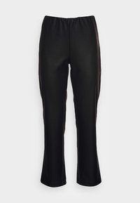 Pantalons noirs à taille élastique avec une coupe droite, texture lisse, sans motifs ni éléments métalliques visibles. Style simple et polyvalent.
