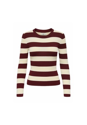 Pulover cu mânecă lungă, cu țesătură prinsă, cu dungi orizontale în nuanțe de vin și crem, guler rotund și design ajustat, oferind un aspect texturat.