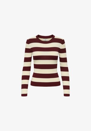 Langermet ribbestrikket genser med maroon og kremfargede horisontale striper, rund hals og tettsittende design, som gir et strukturert utseende.