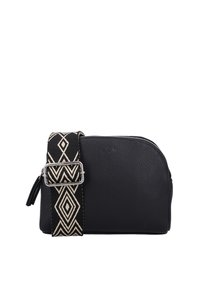 Black leather bag with a textured surface, rectangular shape, and a patterned strap featuring geometric cream accents. Silver hardware detail.