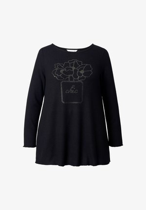 Zwarte lange mouwen top met een gestippelde omtrek van bloemen in een pot en het woord "chic" op de voorkant.