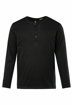 Schwarzes Langarm-Henley-Shirt mit gerippter Textur, ausgestattet mit drei vorderen Knöpfen und einem abgerundeten Halsausschnitt. Die Ärmel mit Bündchen betonen das Design.