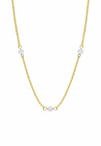 Gouden ketting met drie witte kralen, afgewisseld met een gestructureerd schakeldesign. Eenvoudig, elegant en lichtgewicht constructie.