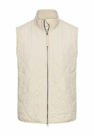 Steppweste in hellem Cremefarben mit hohem Kragen und einem Reißverschluss vorne. Glatte Textur mit dezentem Wellenmuster und ärmellos.