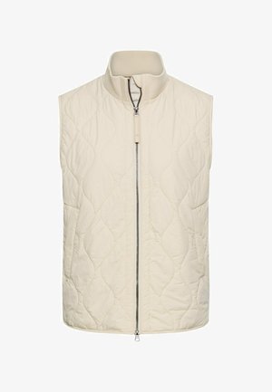 Steppweste in hellem Cremefarben mit hohem Kragen und einem Reißverschluss vorne. Glatte Textur mit dezentem Wellenmuster und ärmellos.