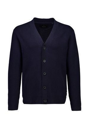 Cardigan a costine blu navy con scollo a V, maniche lunghe e sei bottoni frontali per la chiusura. Tessuto liscio con dettagli a costine a contrasto.