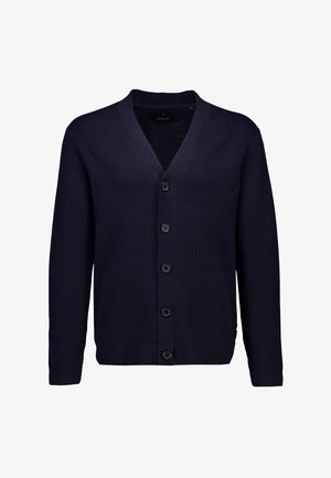 Marineblå ribstrikket cardigan med V-hals, lange ærmer og seks knapper foran til lukning. Glat tekstur med kontrasterende ribdetaljer.
