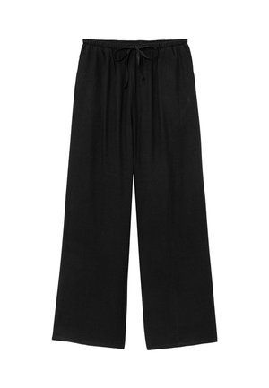 Pantalon large noir avec taille élastique et cordon de serrage ajustable, fabriqué en tissu doux.