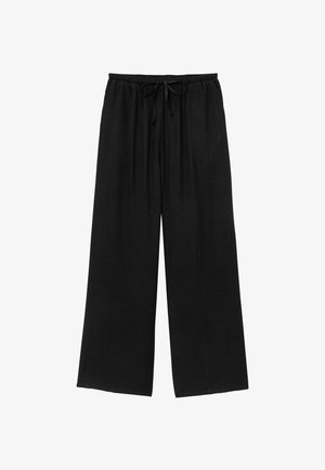 Pantalon large noir avec taille élastique et cordon de serrage ajustable, fabriqué en tissu doux.