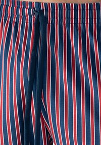 Zwemshorts van een zachte stof met rood-witte verticale strepen op een blauwe achtergrond, met een trekkoord in de taille.