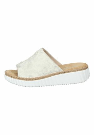 White slide sandal with a textured upper and a jute-wrapped midsole. Sole features ridged white rubber for grip and stability.