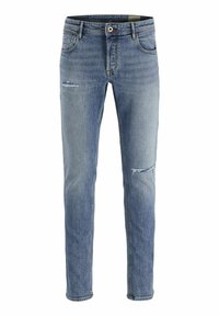 Jeans de mezclilla azul claro con un ajuste Slim, que presentan desgastes en las rodillas, un diseño tradicional de cinco bolsillos y cierre de botón.