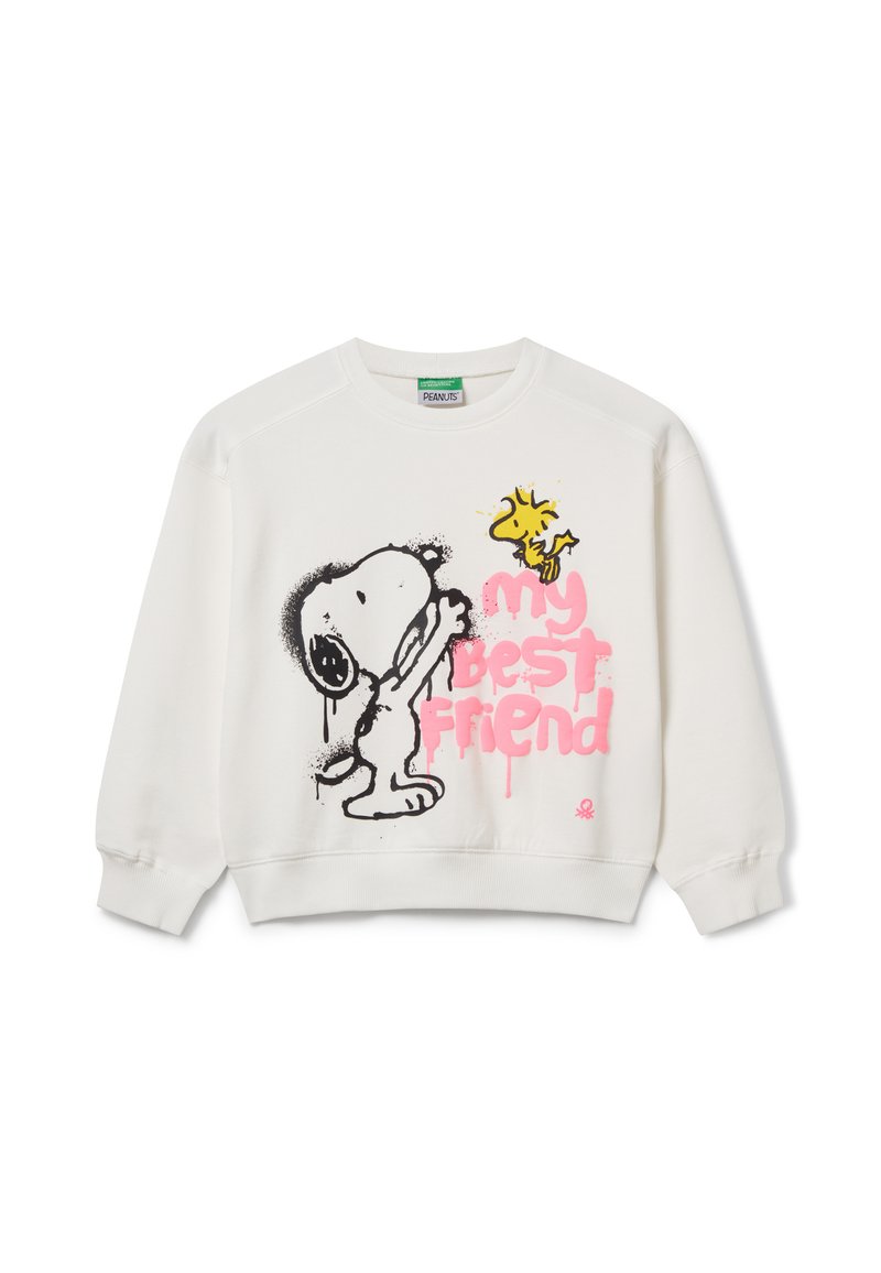 Sudadera blanca con un gráfico de un perro y un pájaro de dibujos animados, con la frase "mi mejor amigo" en letras brillantes de estilo spray en color rosa.