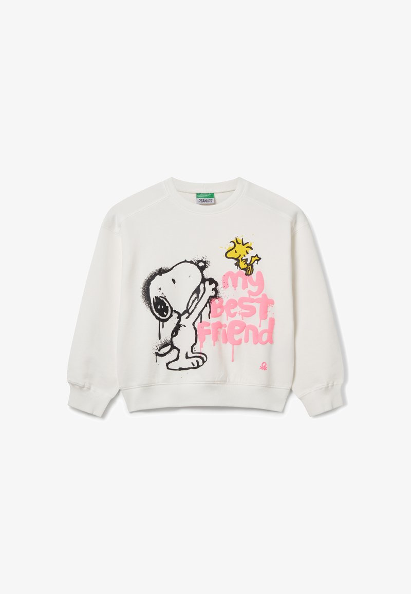 Felpa bianca con una grafica di un cane cartone animato e un uccello, con la scritta "il mio migliore amico" in caratteri stilizzati con vernice spray rosa brillante.