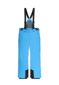 Blauwe geïsoleerde skibroek met zwarte verstelbare bretels en versterkte zwarte patches op de binnenkant van de onderbenen.