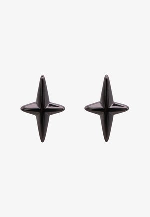 Boucles d'oreilles en forme d'étoile noire avec une finition brillante, présentant des pointes acérées et un design symétrique. Style léger et minimaliste.