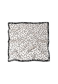 Foulard di seta bianco e nero con uno sfondo crema decorato da macchie di polka nere sparse e un bordo decorative nero con lettering astratto.