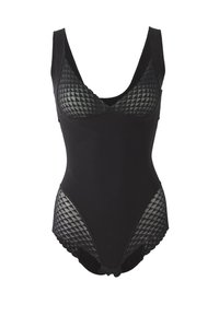 Mustat bodysuitit, joissa on tekstiili kolmionmuotoisia verkko-paneeleja sivuilla, pyöreä pääntie ja leveät hihnat. Pehmeä, sileä kangas, jossa on pitsireunus.