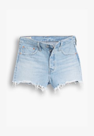 Light blue denim shorts with a high waist, frayed hem, five-pocket design, and contrasting stitching. Two buttons at the front closure.